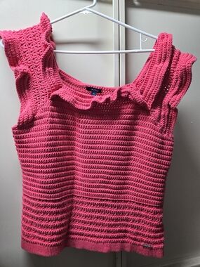 Nautica Hot Pink Crochet Ruffle-Shoulder Tank Top